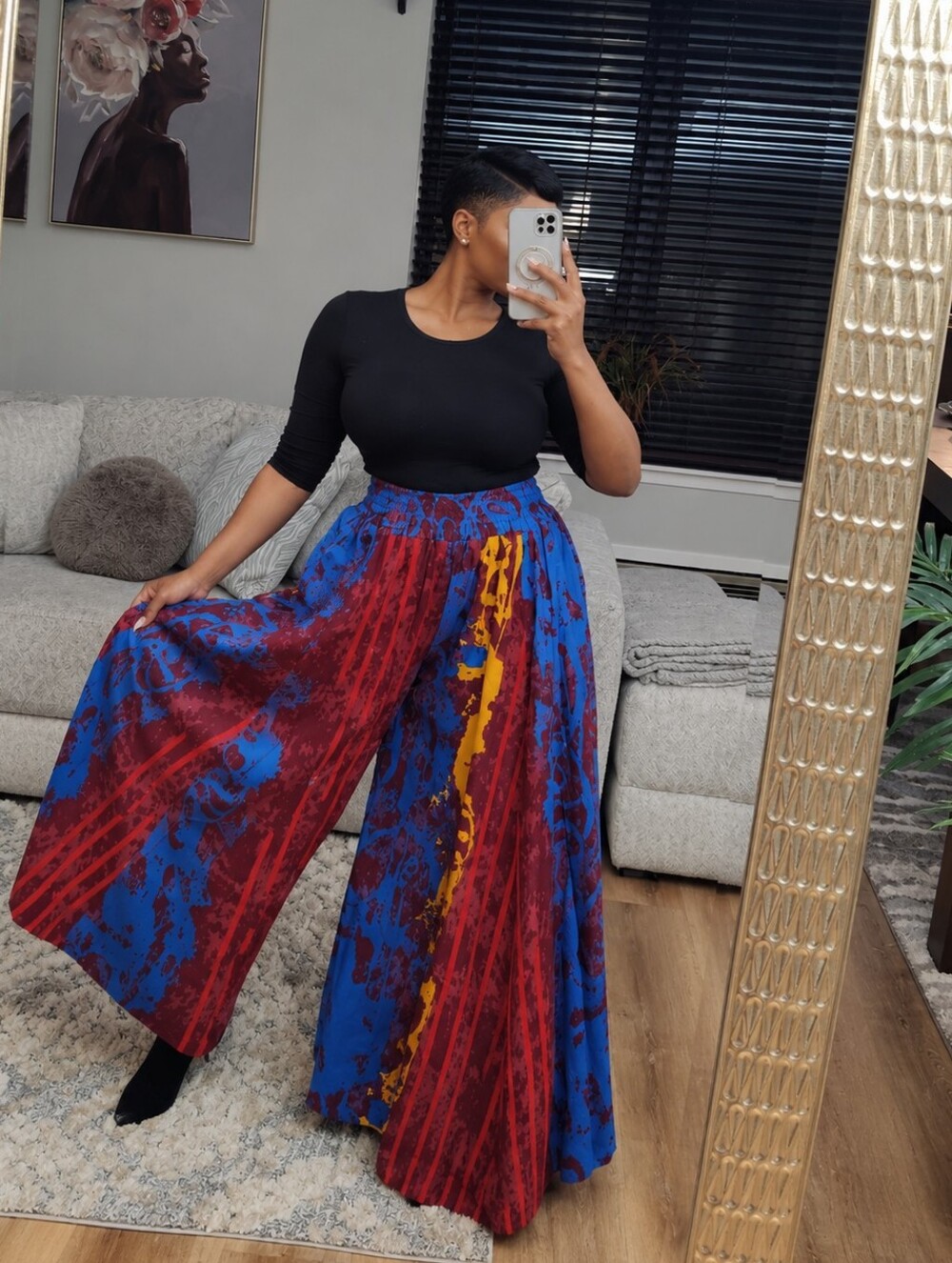 Women’s Wide Leg Tiered Palazzo Pants - Blue, Red & Yellow Pattern OSFM (NWT) 🔥